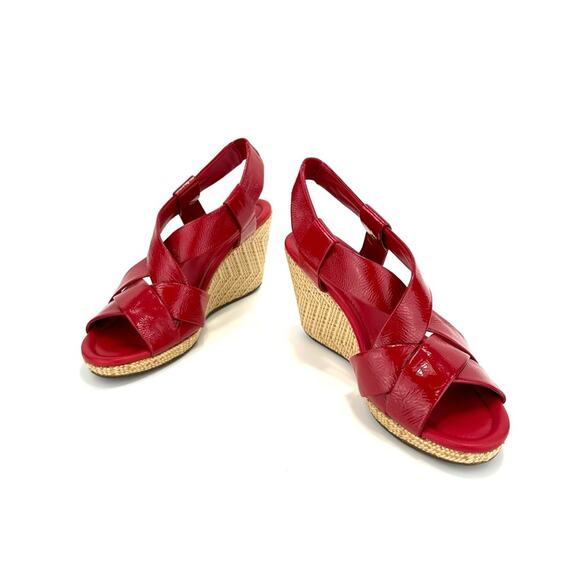 Cole Haan Platform Wedge Sandal Size 9.5 Red Leather Beige Jute Sling Back Comfy - Picture 2 of 16